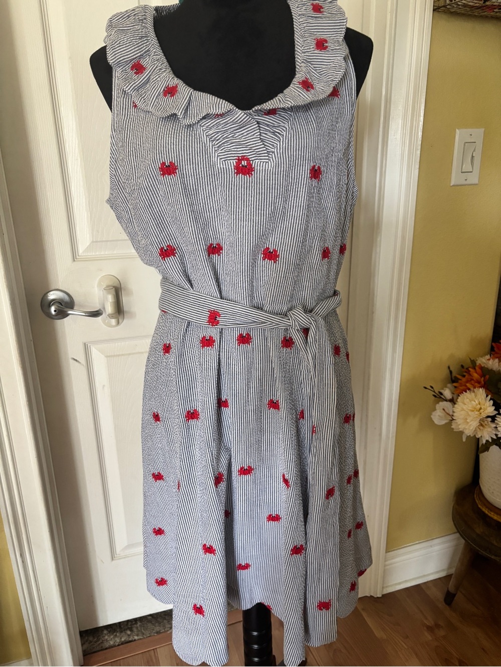 Blue & white striped coastal nautical beachy themed dress ruffles scalloped hem